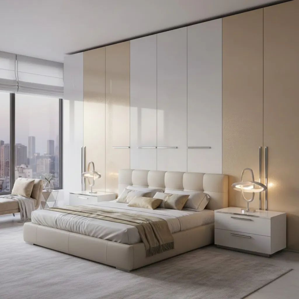 High-gloss wardrobe reflecting light in a modern master bedroom.