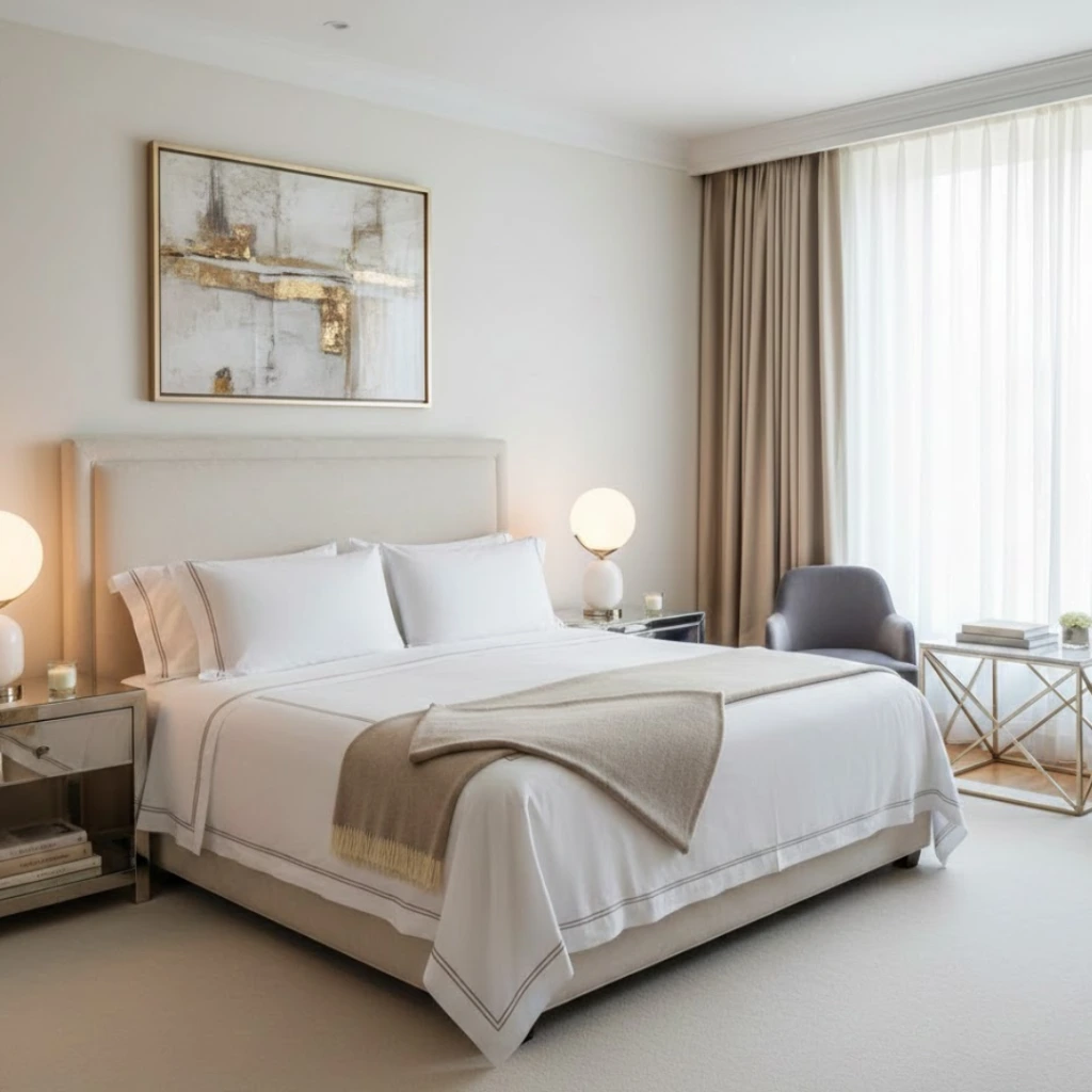 Hotel-style luxury bedroom with crisp white bedding and warm lighting.