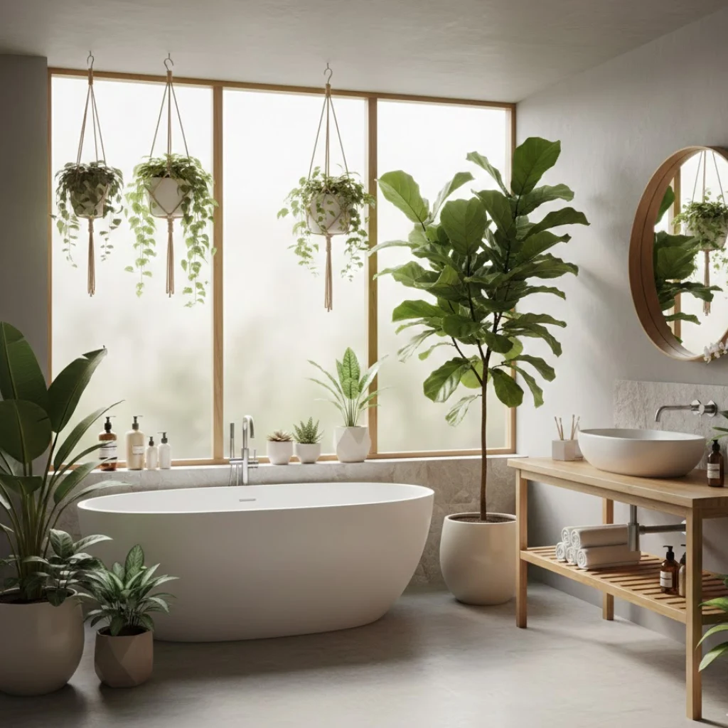 Indoor plants adding freshness and a spa feel to the bathroom.