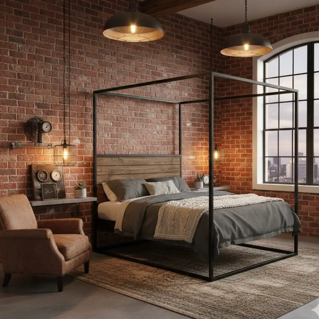 Industrial loft bedroom with brick wall and metal accents.