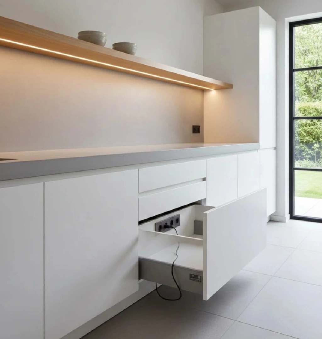 Integrated sink design in a minimalist kitchen.