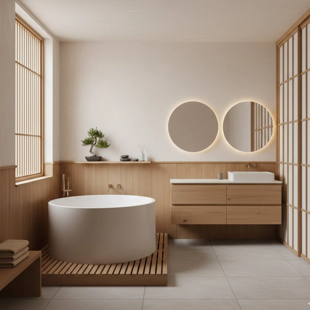 Japandi bathroom design combining minimalism and warmth.