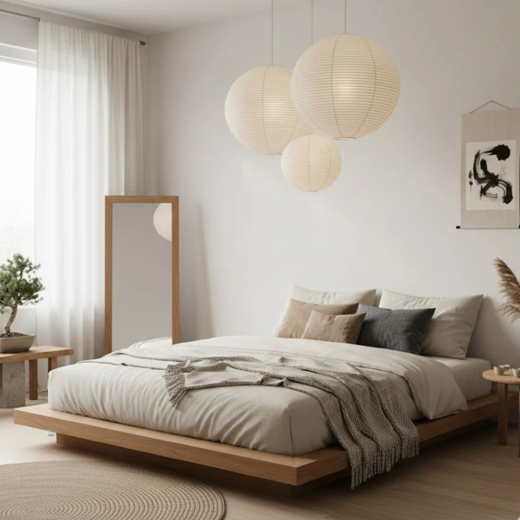 Japandi calm bedroom featuring natural wood, low bed, and soft neutral tones.