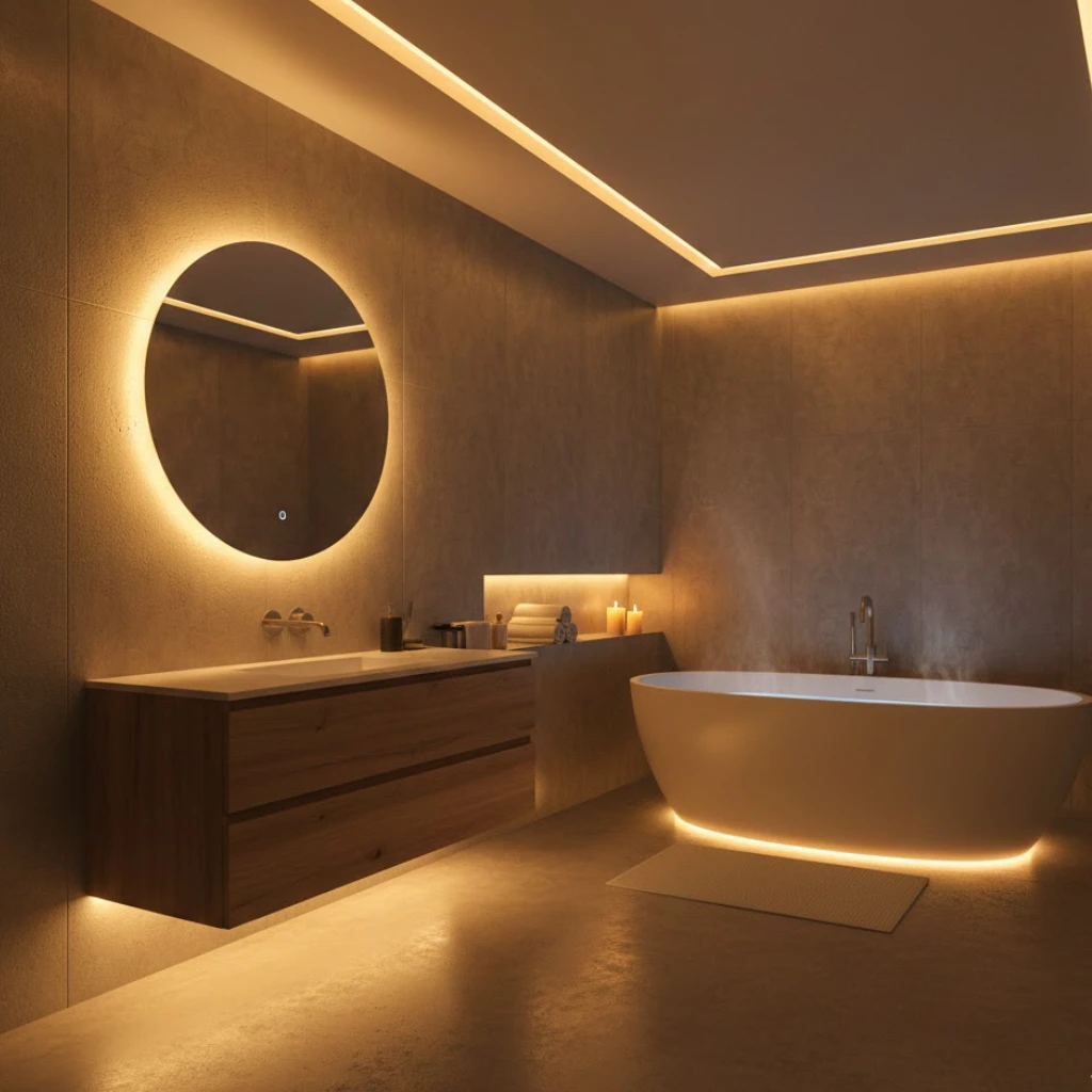 LED mood lighting creating a relaxing bathroom atmosphere.
