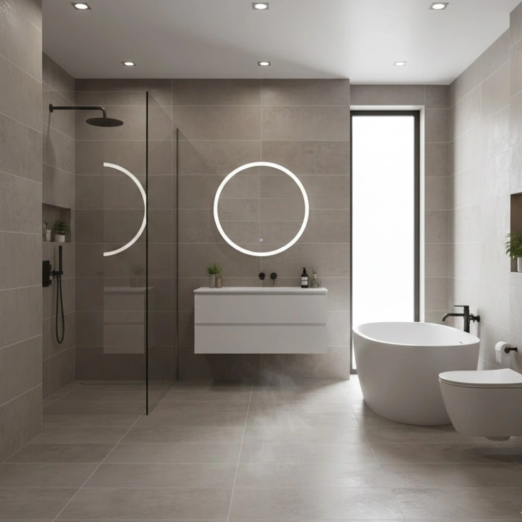 Large format tiles creating a seamless and upscale bathroom design.