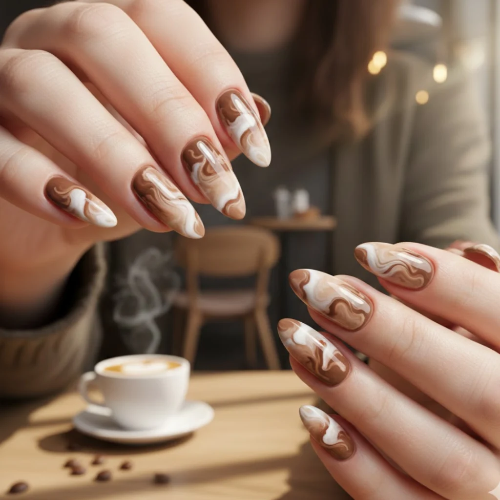 Latte swirl almond nails with creamy brown marble design.