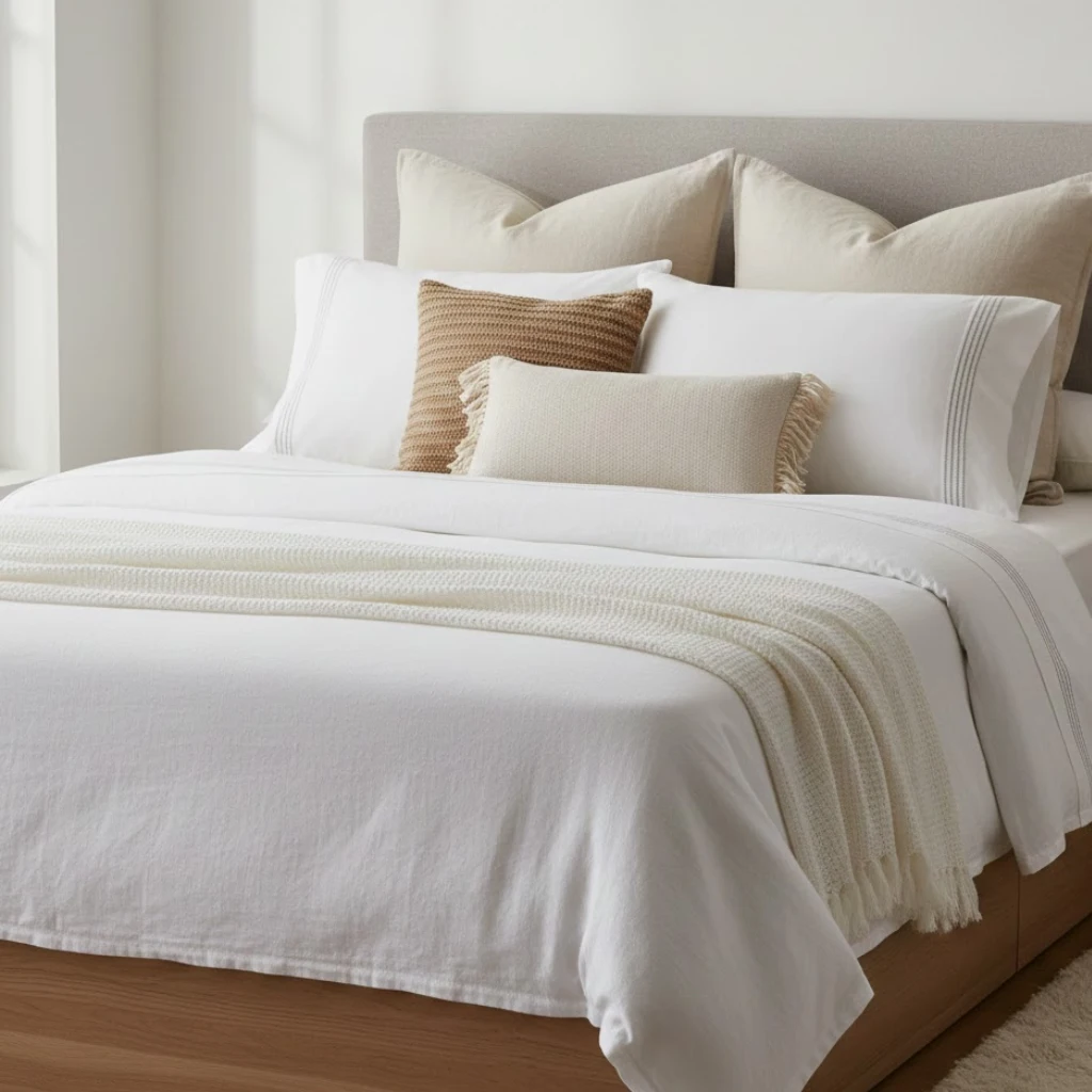 Layered neutral pillows creating depth in bedroom decor