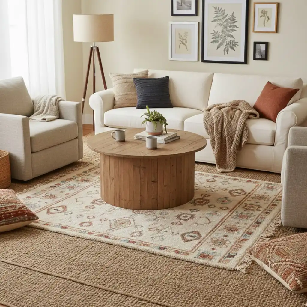 Layered rugs in a living room with a patterned rug over a jute base.