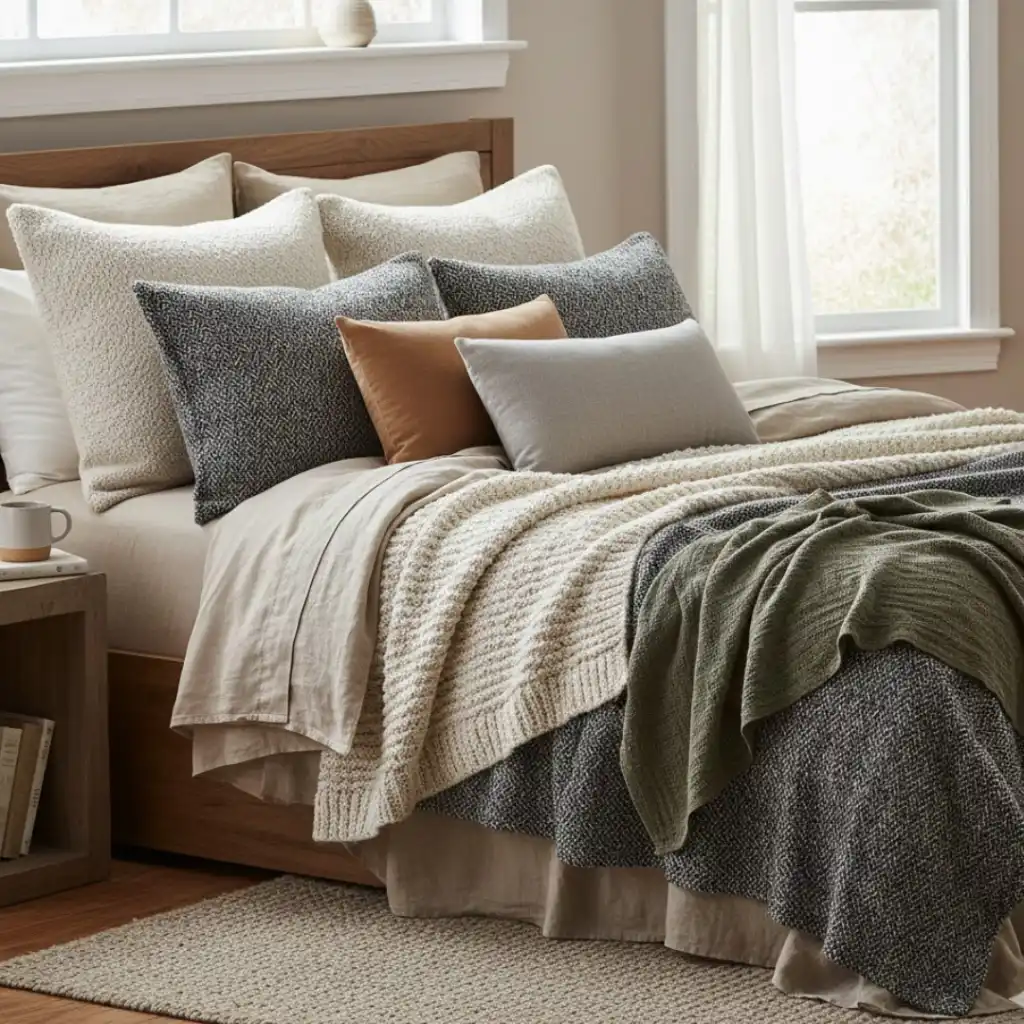 Layered textured bedding with linen sheets and bouclé pillows.