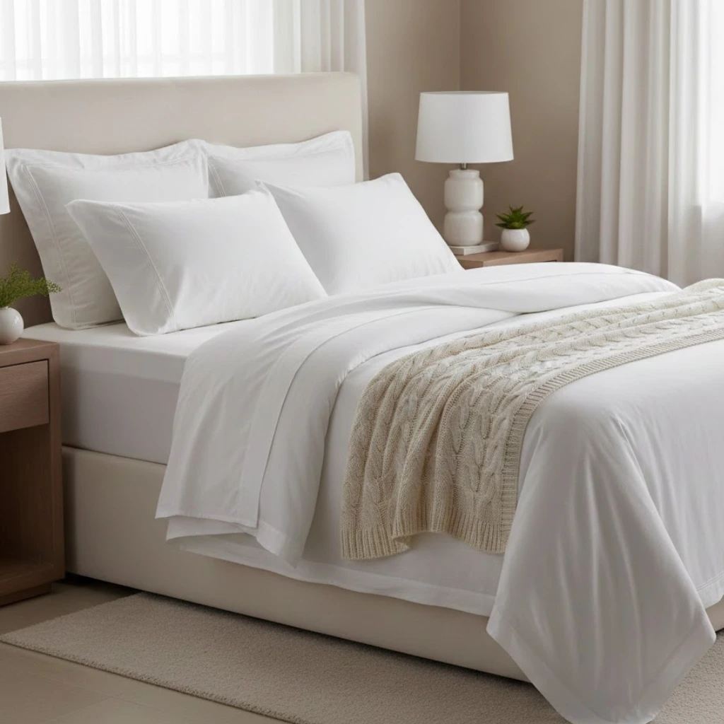 Layered white bedding adding texture to a neutral bedroom