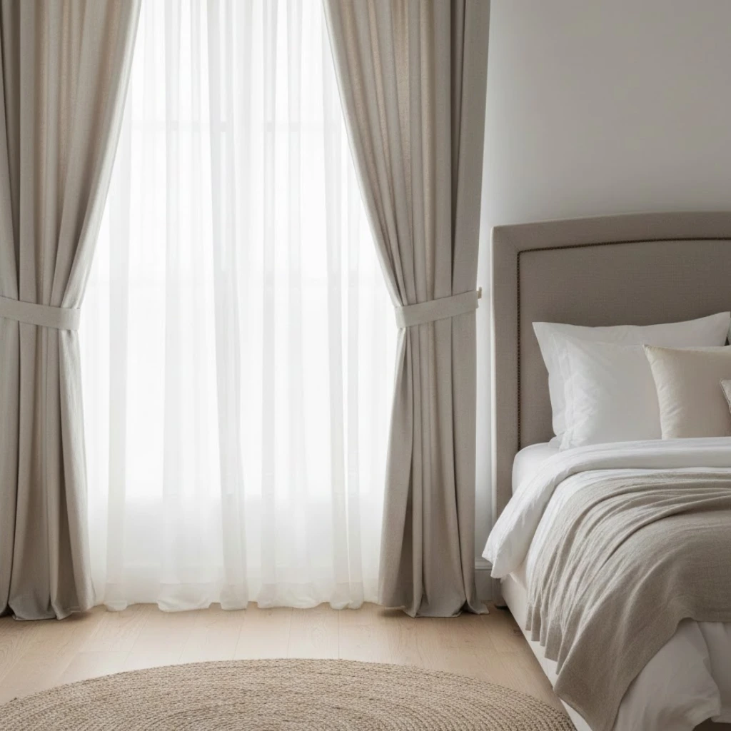 Layered window treatments in neutral bedroom decor
