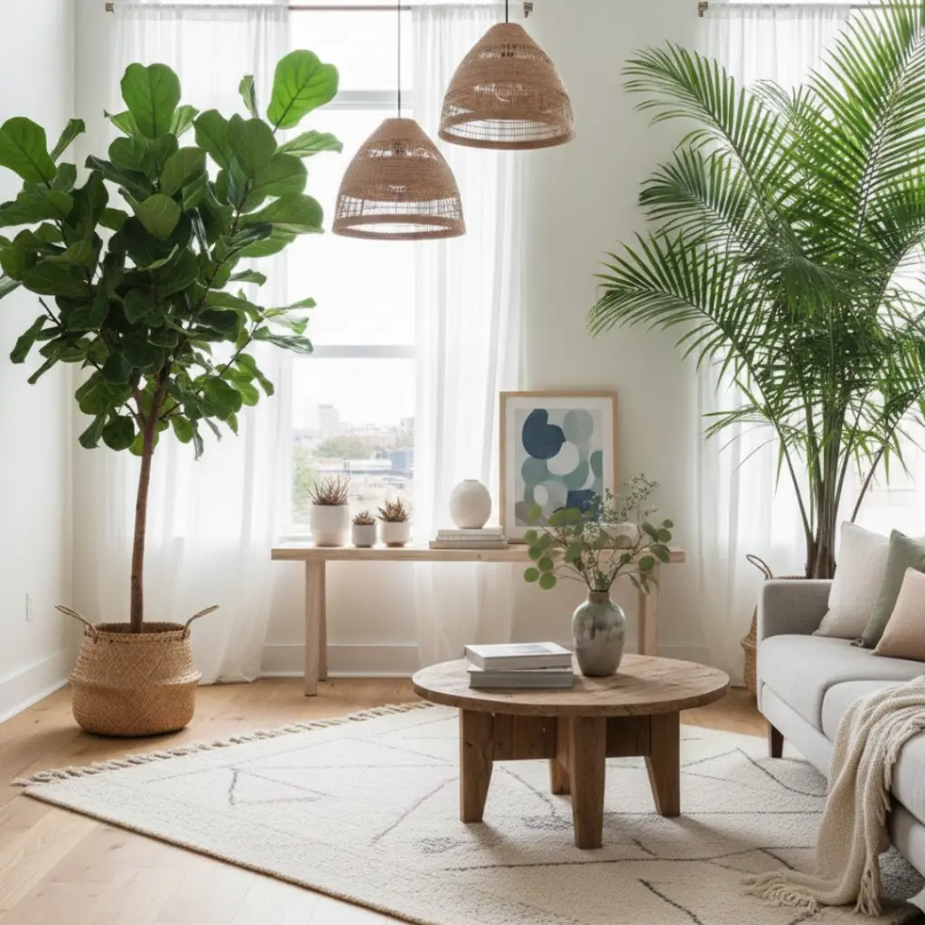 Living room decorated with tall indoor plants for a fresh look.