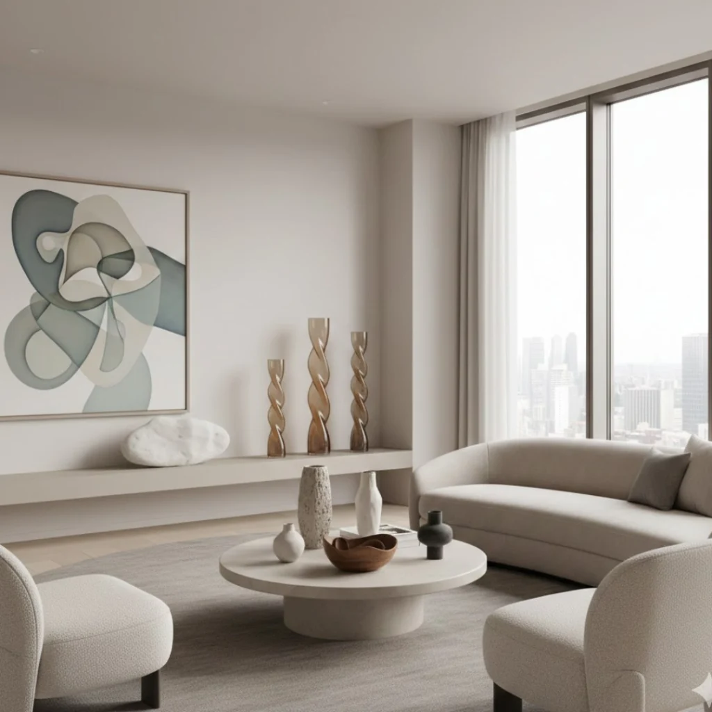 Living room featuring sculptural décor pieces in modern organic shapes.