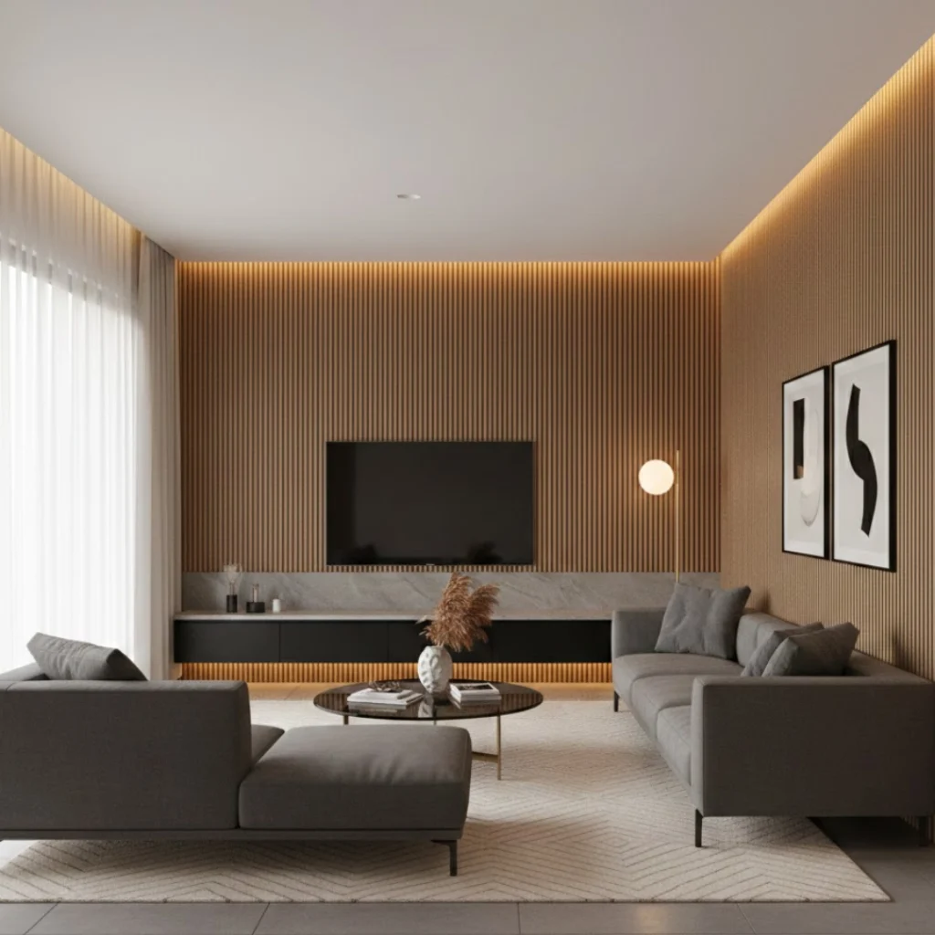 Living room featuring textured wall panels for a modern luxury look.