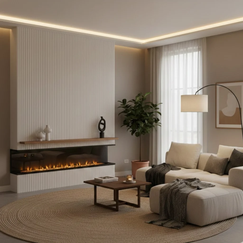 Living room with a cozy electric fireplace and minimal décor.