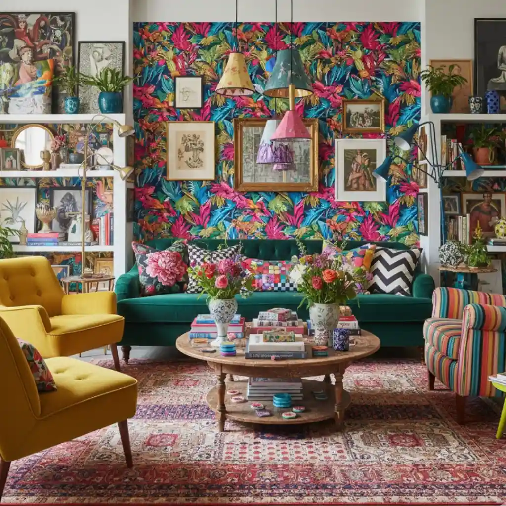 Living room with maximalist patterns on cushions and accent décor.