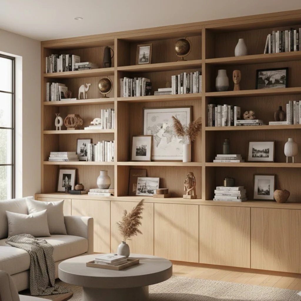 Living room with personalized display shelves holding books and décor.