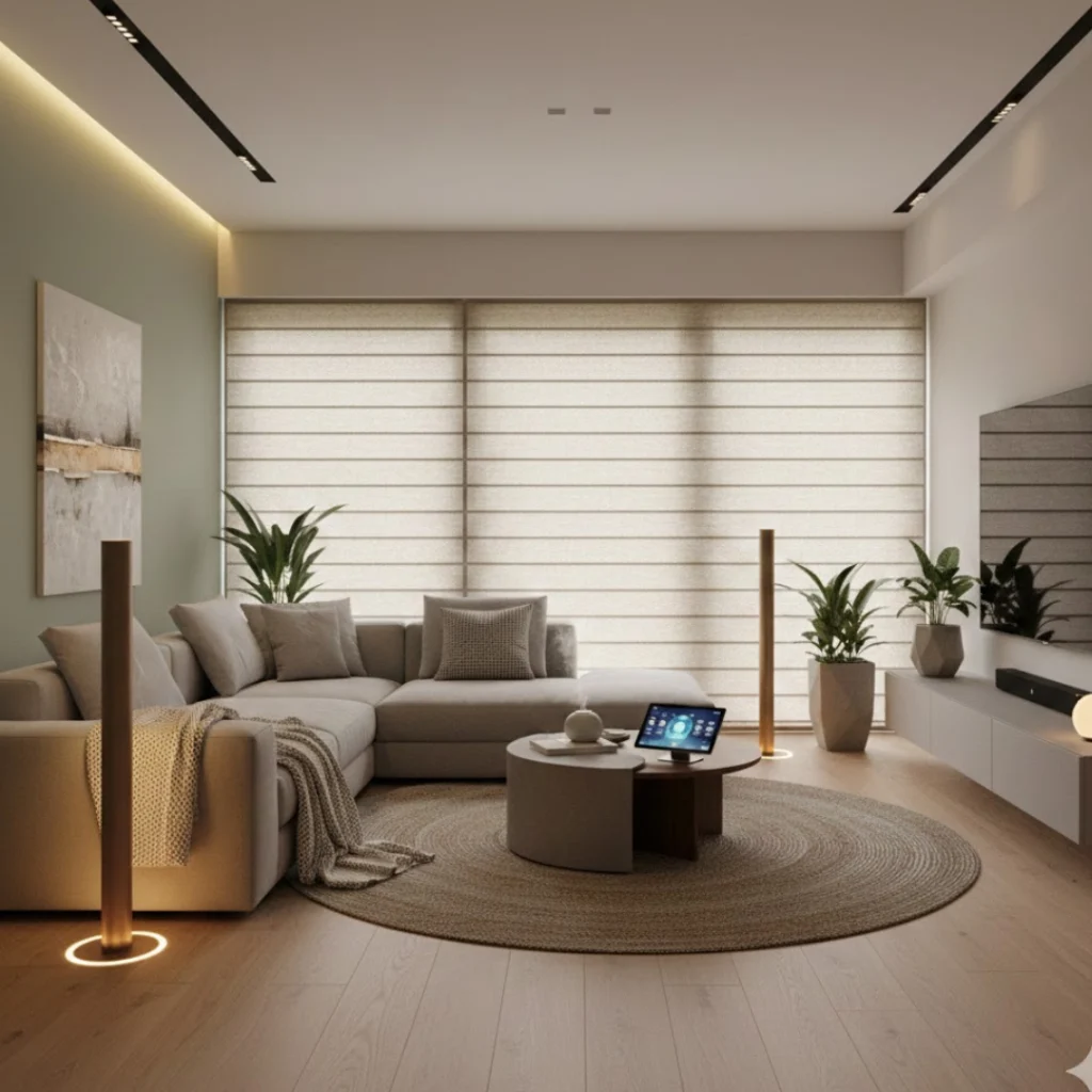 Living room with smart lighting, voice-controlled lamps, and modern smart blinds.