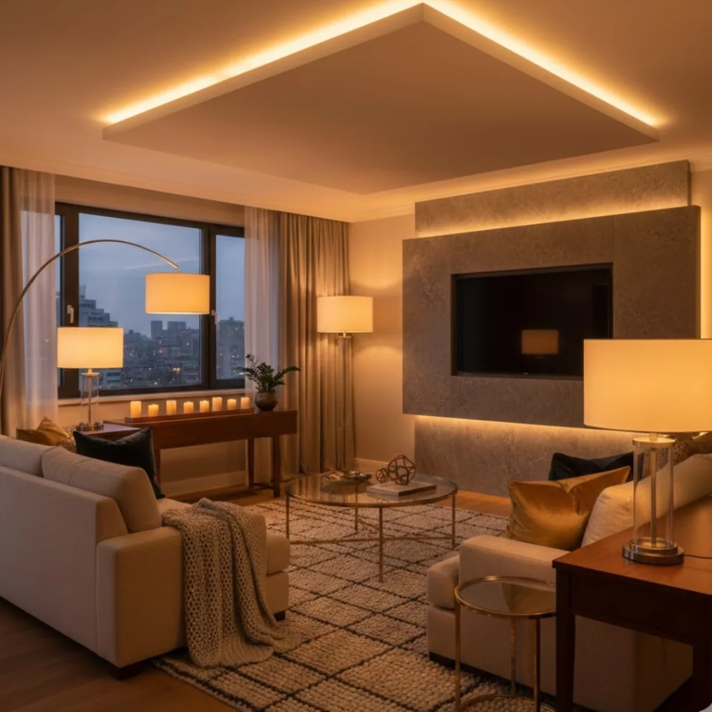 Living room with soft ambient lighting creating a cozy atmosphere.