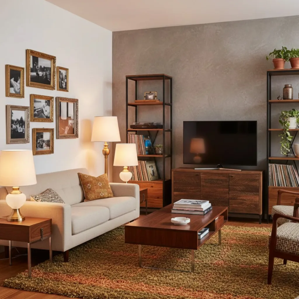 Living room with vintage revival décor mixed with modern pieces.