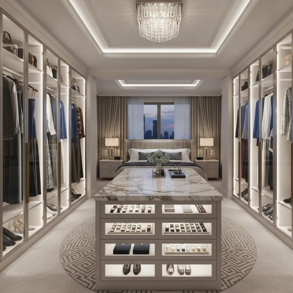 Luxury walk-in wardrobe with island storage for a premium bedroom look.
