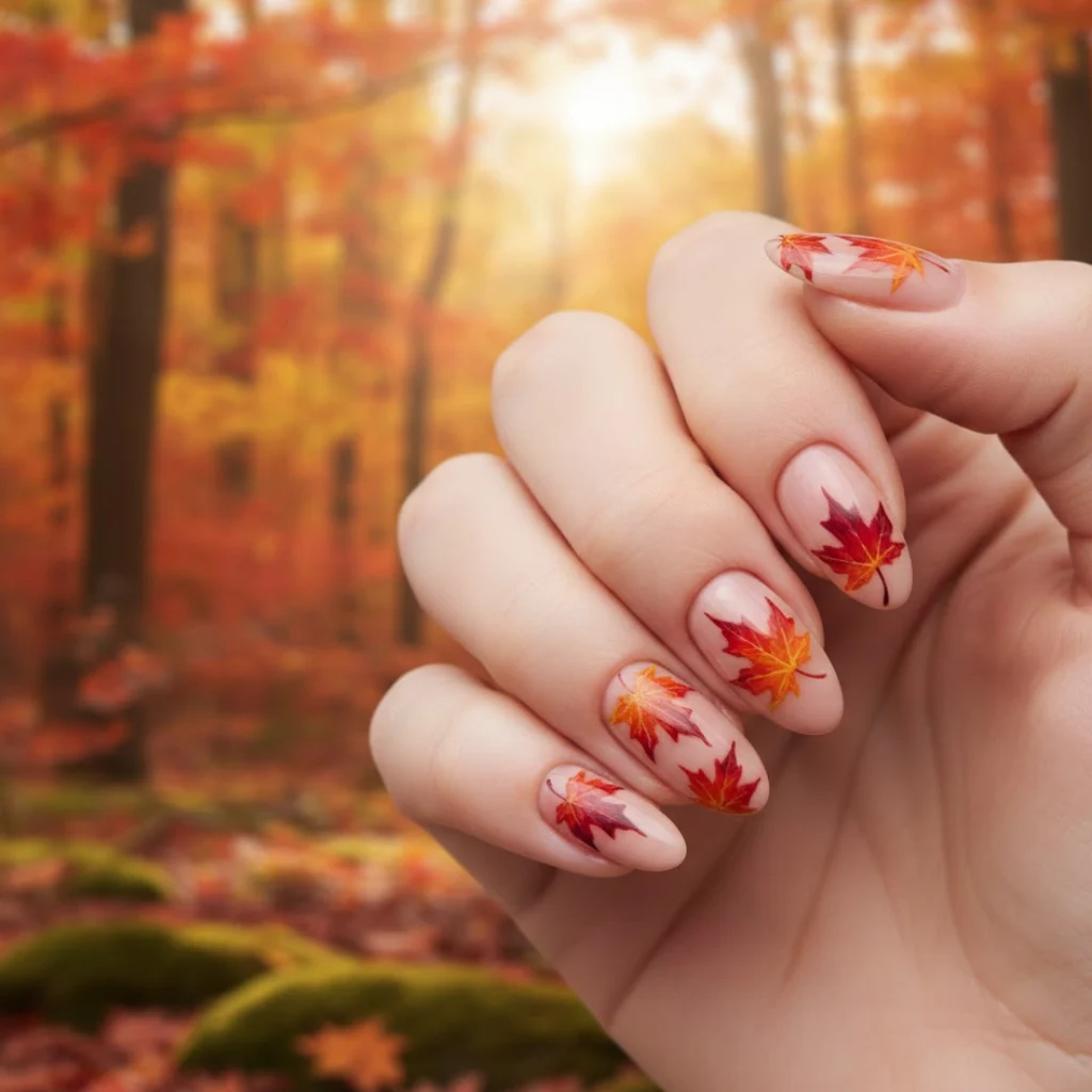 Maple leaf almond nails with detailed fall leaf designs.