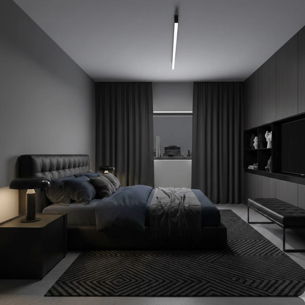 Masculine modern bedroom in dark colors and sleek décor.