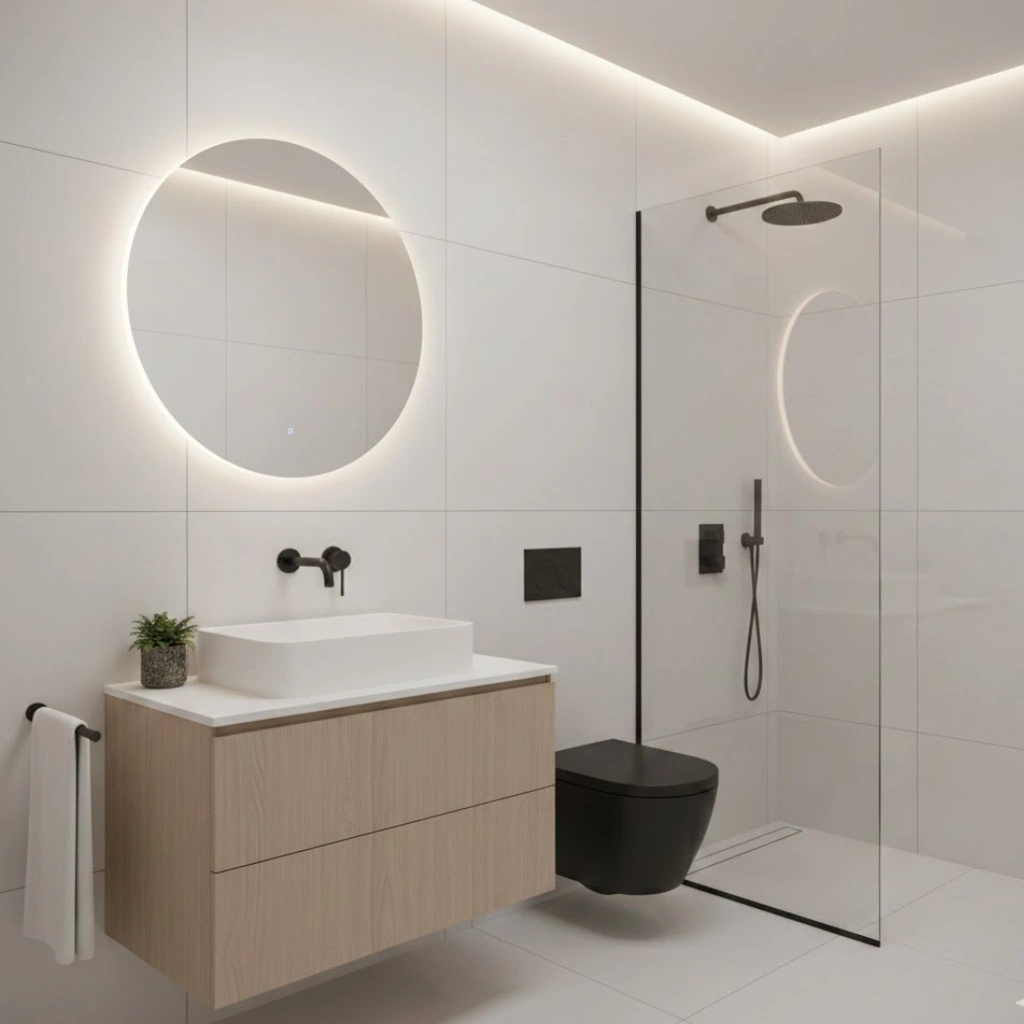 Matte black bathroom fixtures creating a sleek modern contrast.