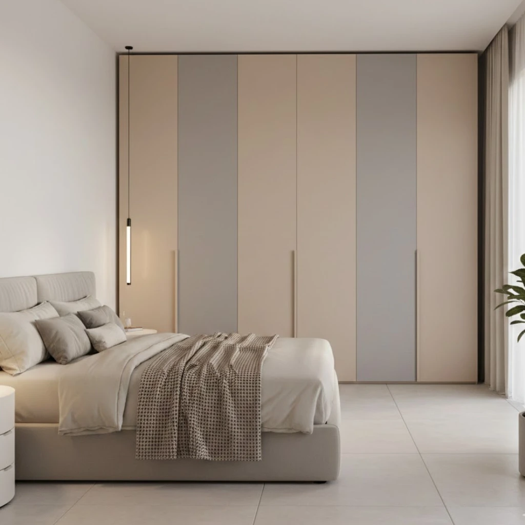 Matte finish handleless wardrobe with a minimalist bedroom look.