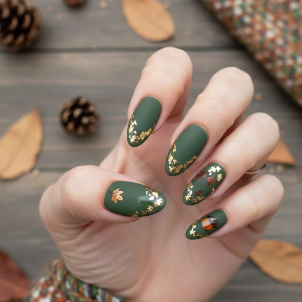 Matte olive green almond nails with subtle gold foil accents.