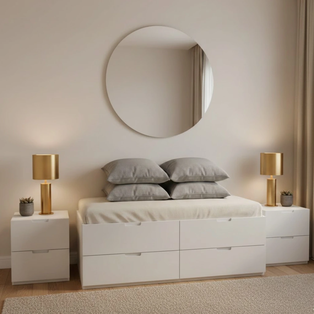 Matte white furniture brightening a neutral bedroom