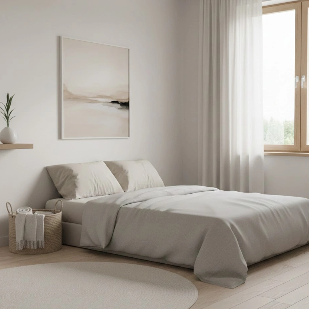 Minimal decor approach for a clutter-free neutral bedroom