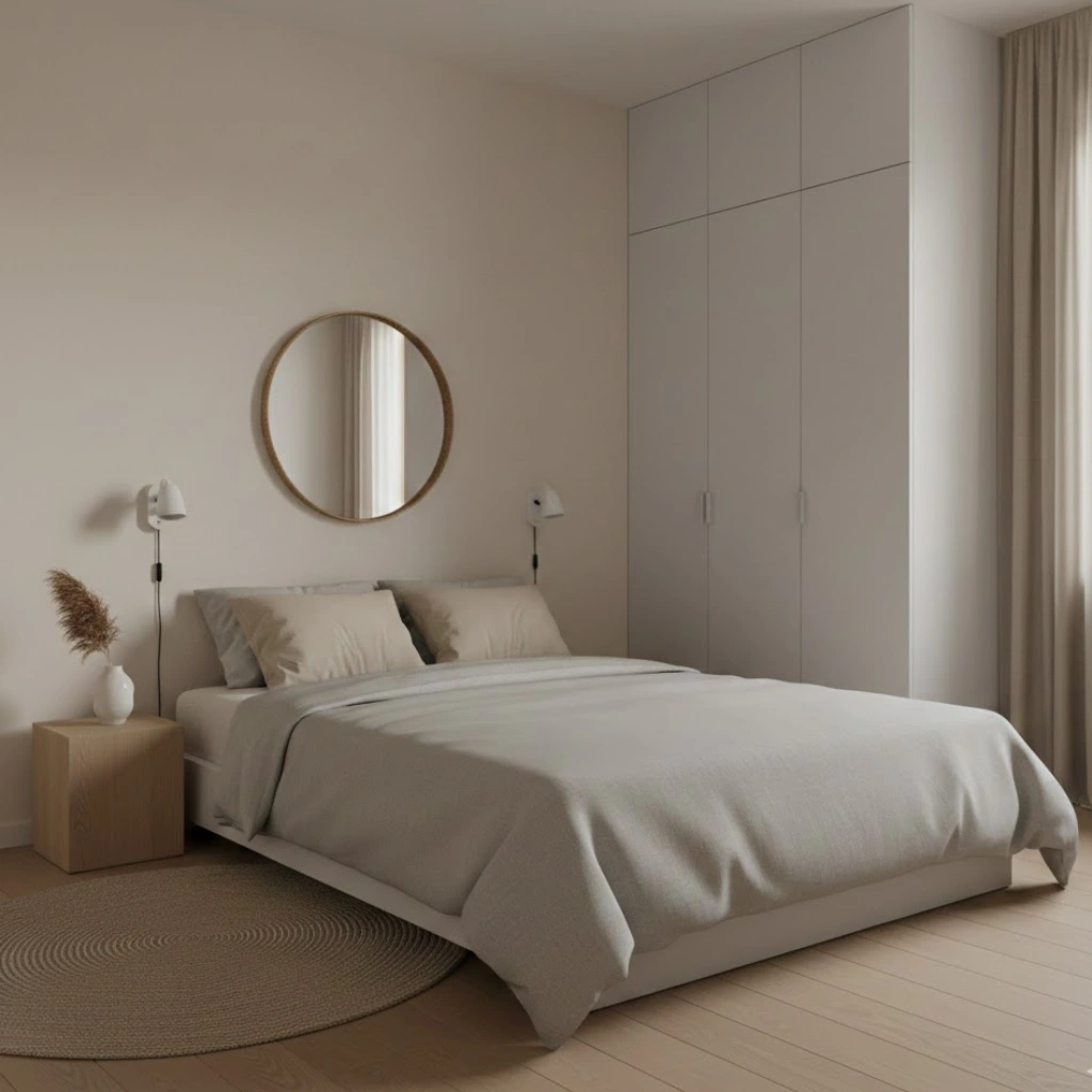 Minimalist small bedroom with bed against the longest wall for extra walking space