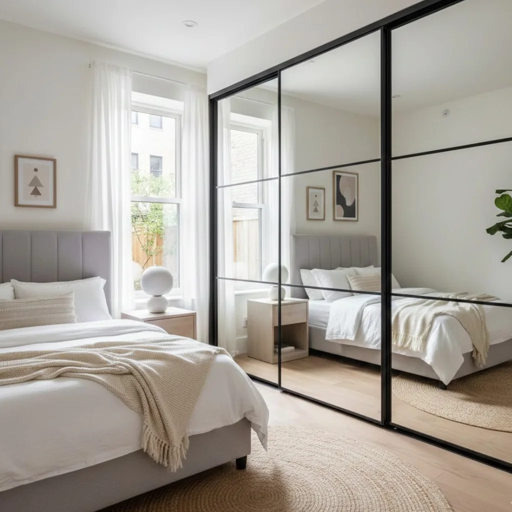 Mirror door wardrobe making a small master bedroom look bigger.