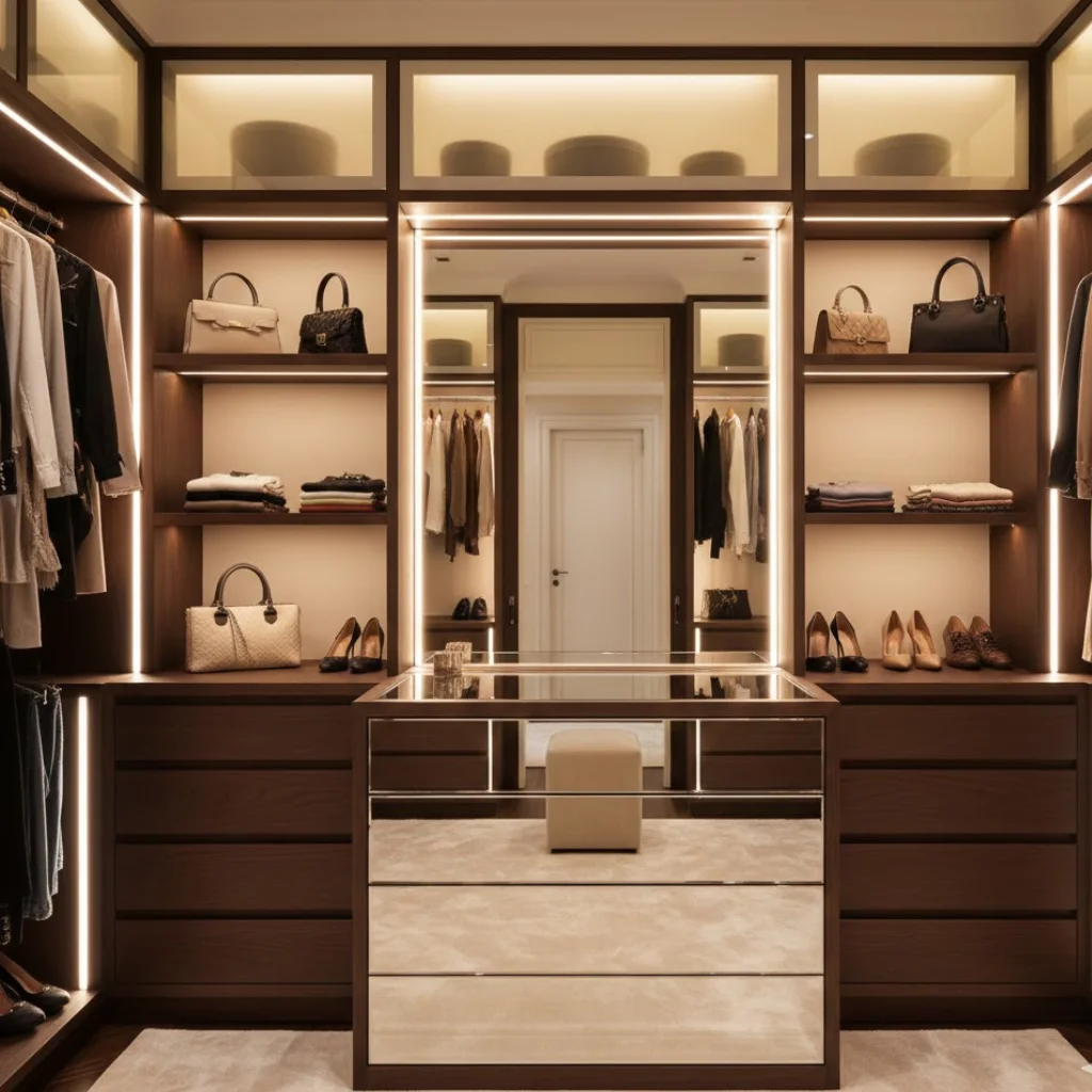 Mirrored dressing unit inside a modern wardrobe.