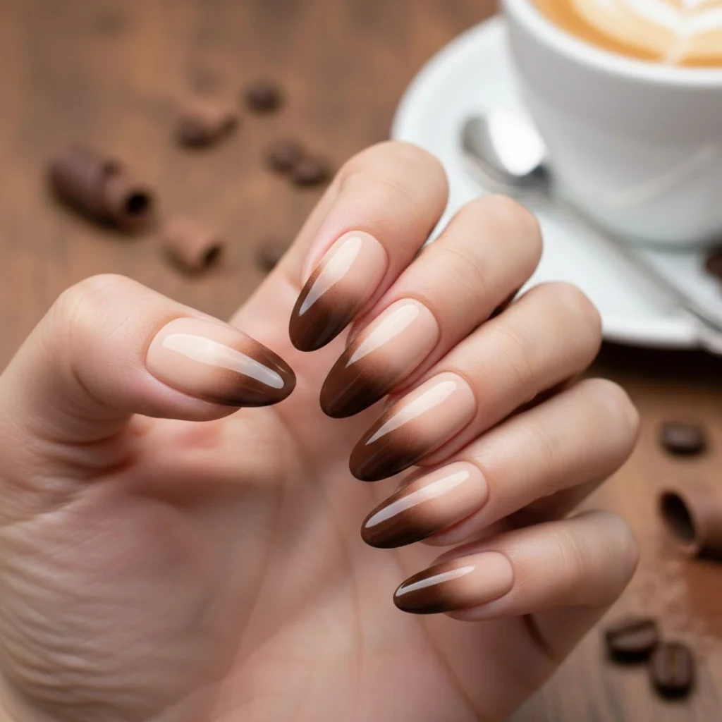Mocha gradient almond nails in smooth coffee-toned ombré.