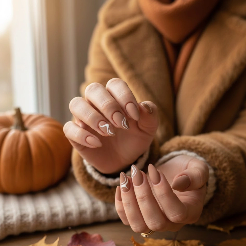 Mocha nude almond nails with soft fall-inspired minimalist design.