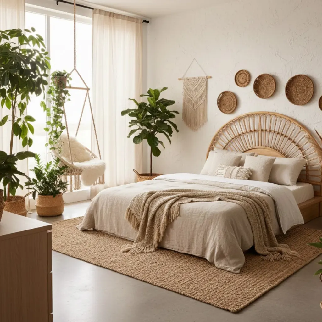 Modern boho bedroom with rattan furniture and neutral boho décor.