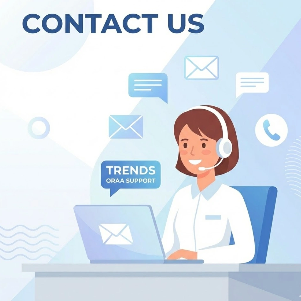 Modern customer support illustration with headset agent, email icons, and communication symbols for the Trends Oraa Contact Us page