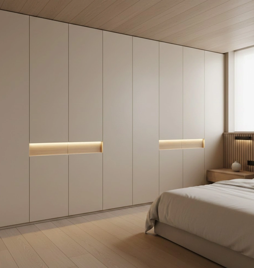 Modern master bedroom wardrobe design with floor-to-ceiling fitted cabinets and minimalist luxury style.