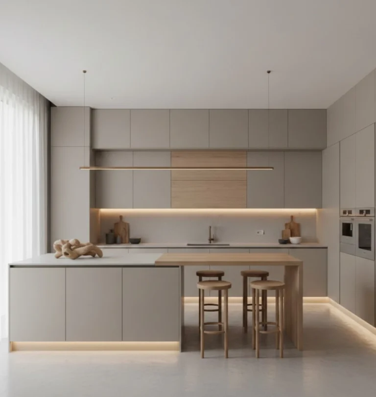 Modern minimalist luxury kitchen with handleless cabinets, quartz countertops, and warm neutral tones.