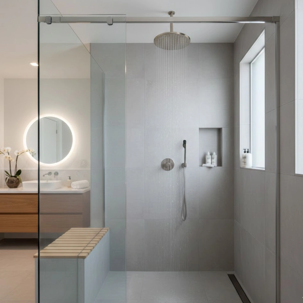 Modern walk-in rain shower with frameless glass design.