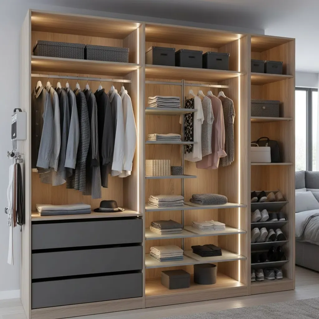 Modular wardrobe with adjustable storage for a modern master bedroom.