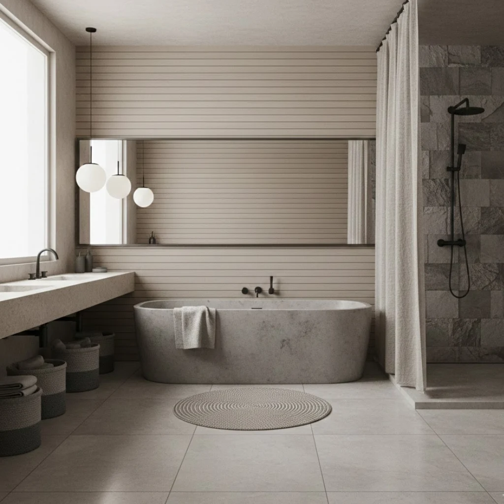 Monochrome bathroom design with cohesive neutral tones. 