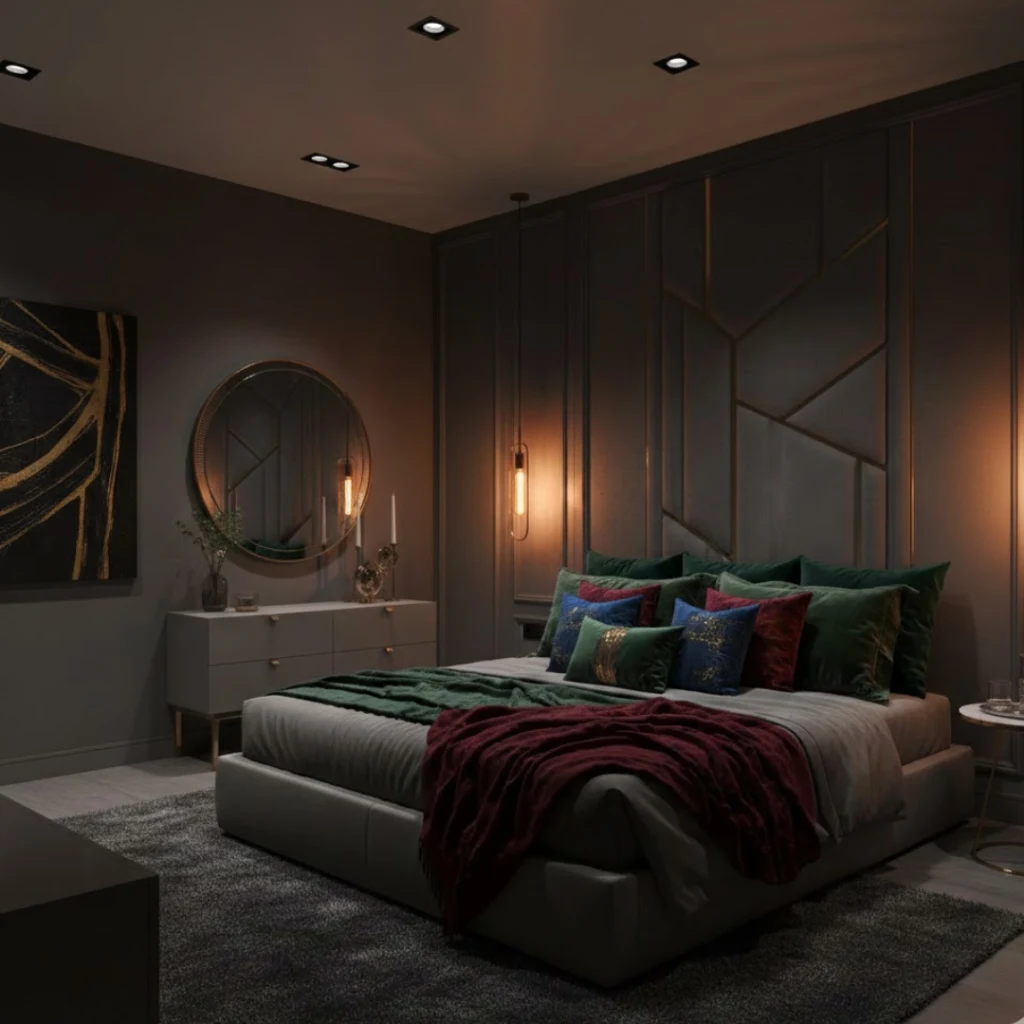 Moody dark bedroom with charcoal tones and gold accents.