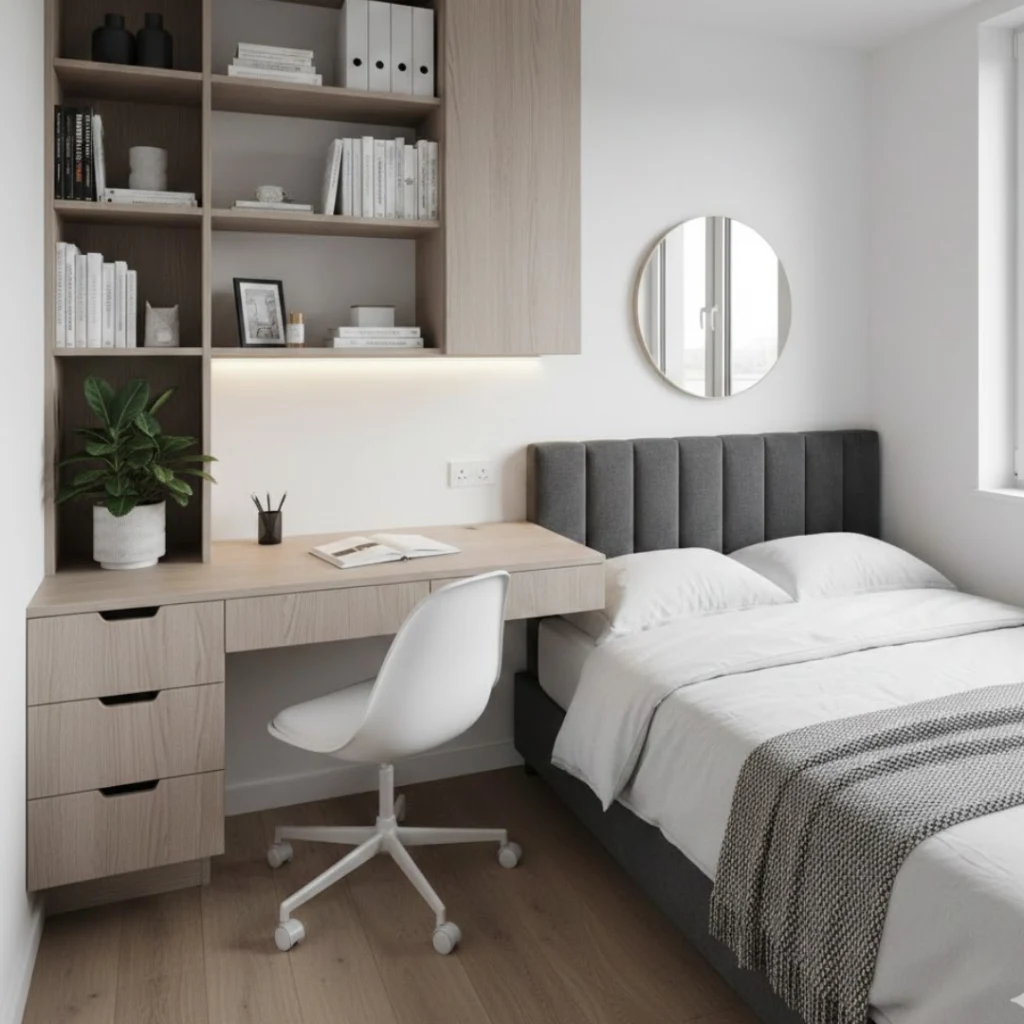 Multifunctional bedroom with workspace and smart storage.