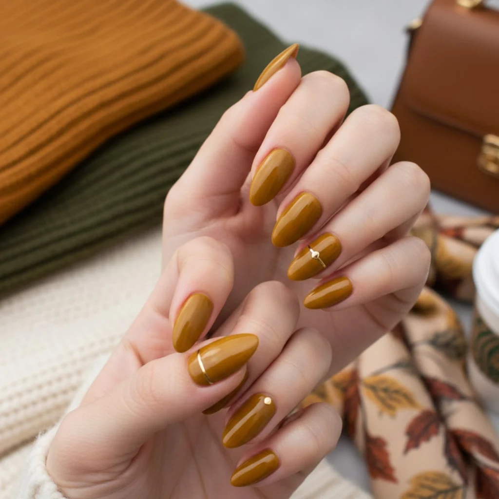 Mustard yellow almond nails with a bold fall-inspired finish.