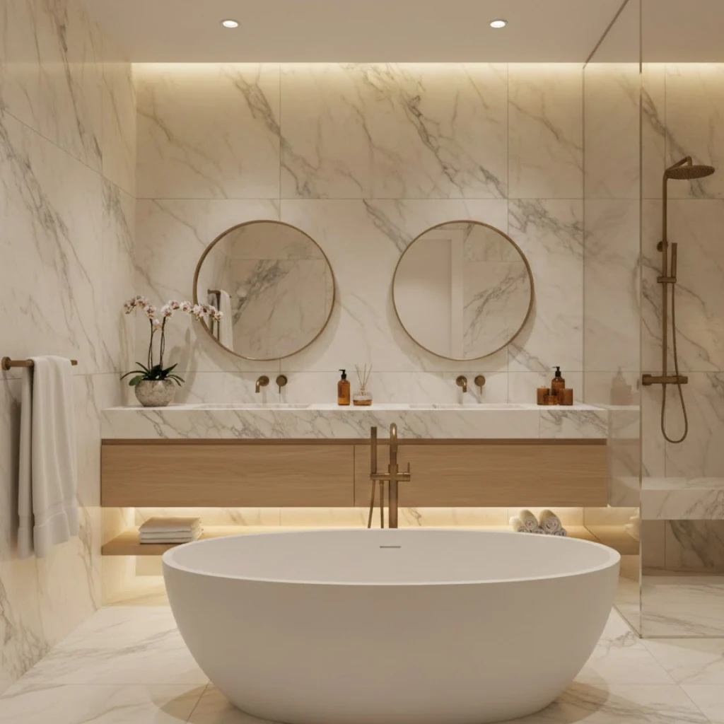 Natural stone tiles adding luxury and texture to a modern bathroom.