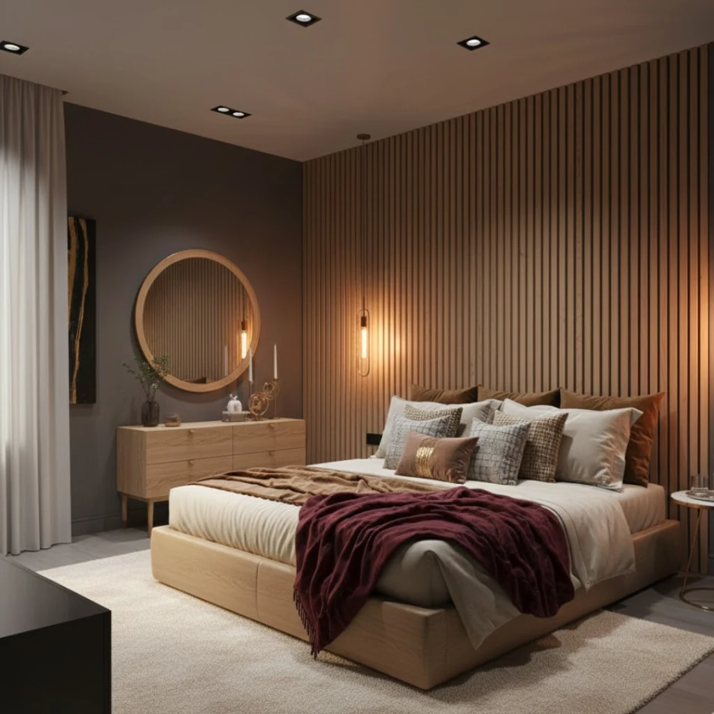 Natural wood bedroom with slat wall and warm neutral styling.