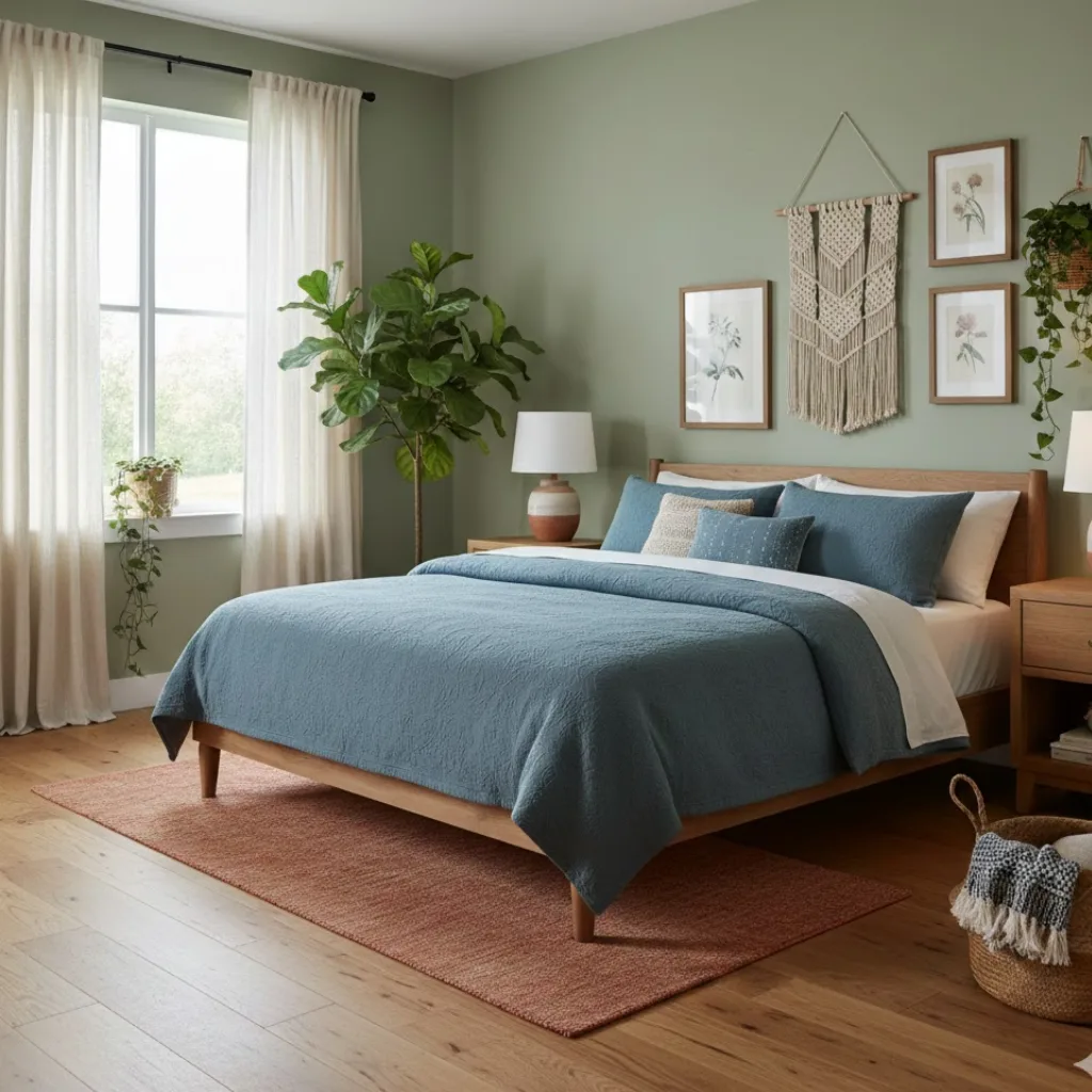 Nature-inspired bedroom with earthy colors and wooden décor.